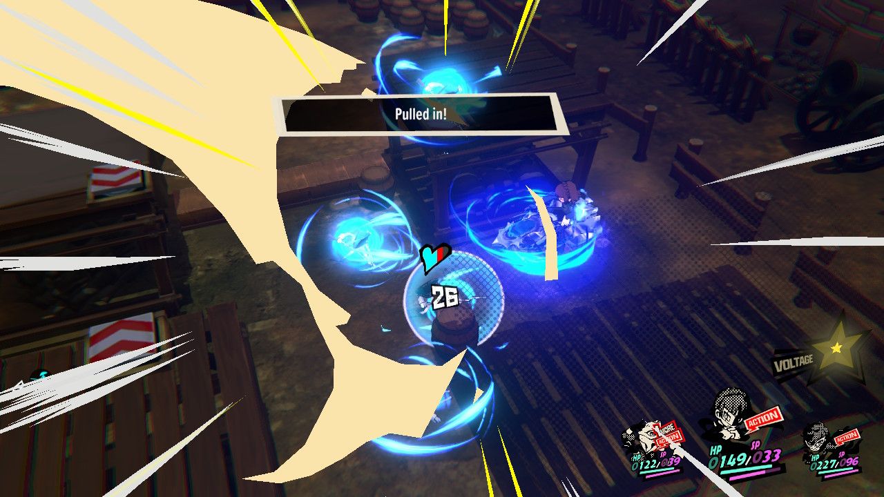 Makoto using Frei on several enemies, pulling them within range.