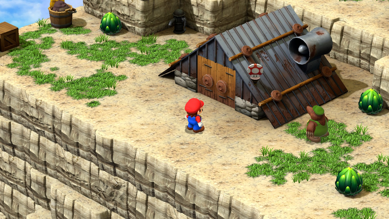 Mario standing outside the Moleville Item Shop in Super Mario RPG.