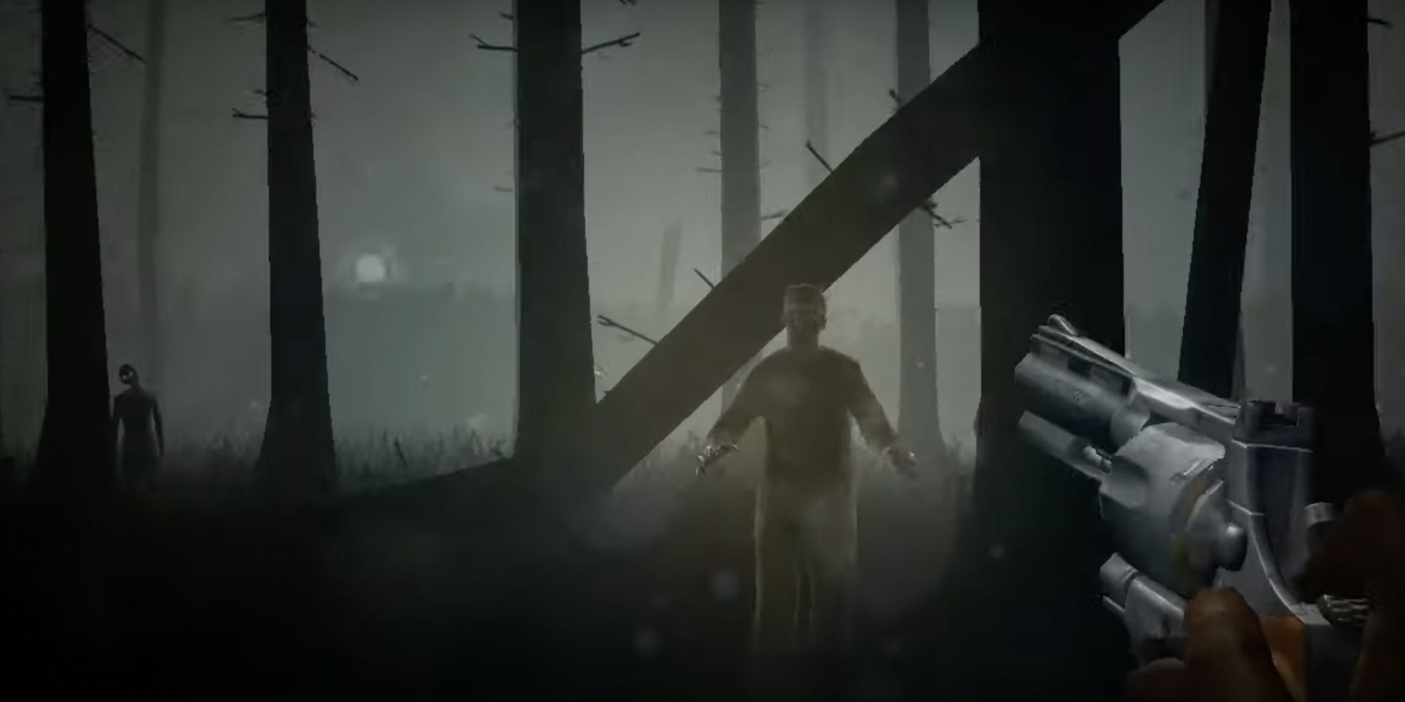 into the dead mobile running through the woods with pistol past zombies