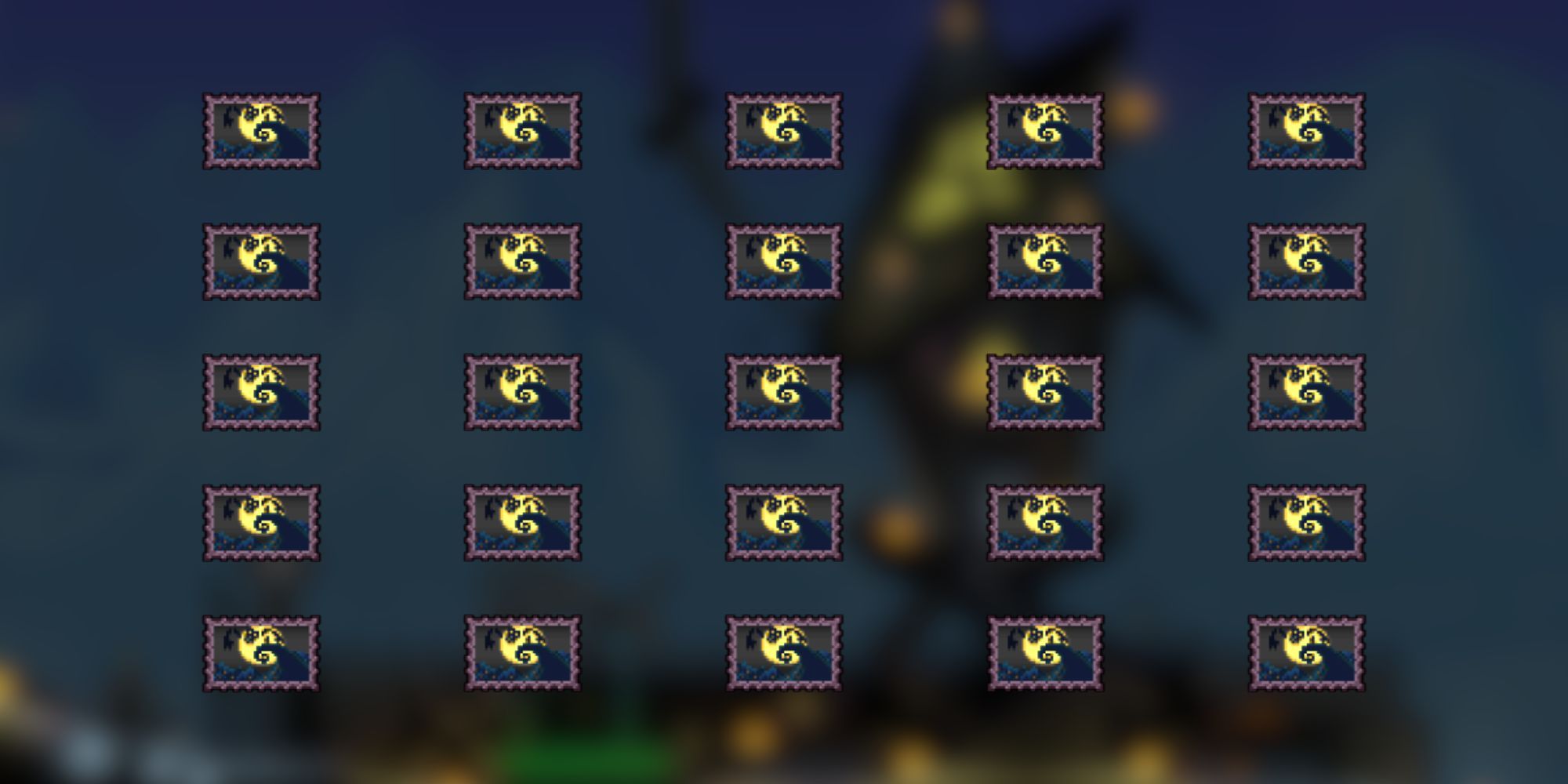 A grid of mostly yellow and black Jacking Skeletron paintings from Terraria.