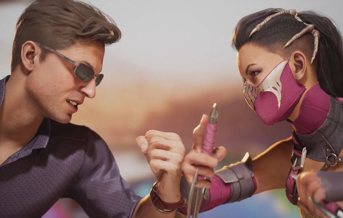 Johnny Cage in the left and Mileena in the right in Mortal Kombat 1.