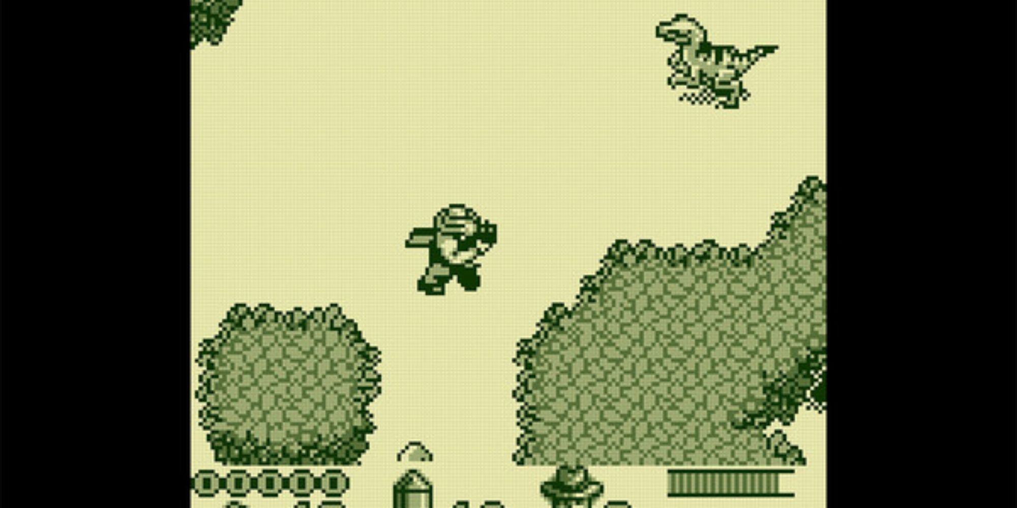 jurassic park game showing top down 8 bit dr grant in wilderness