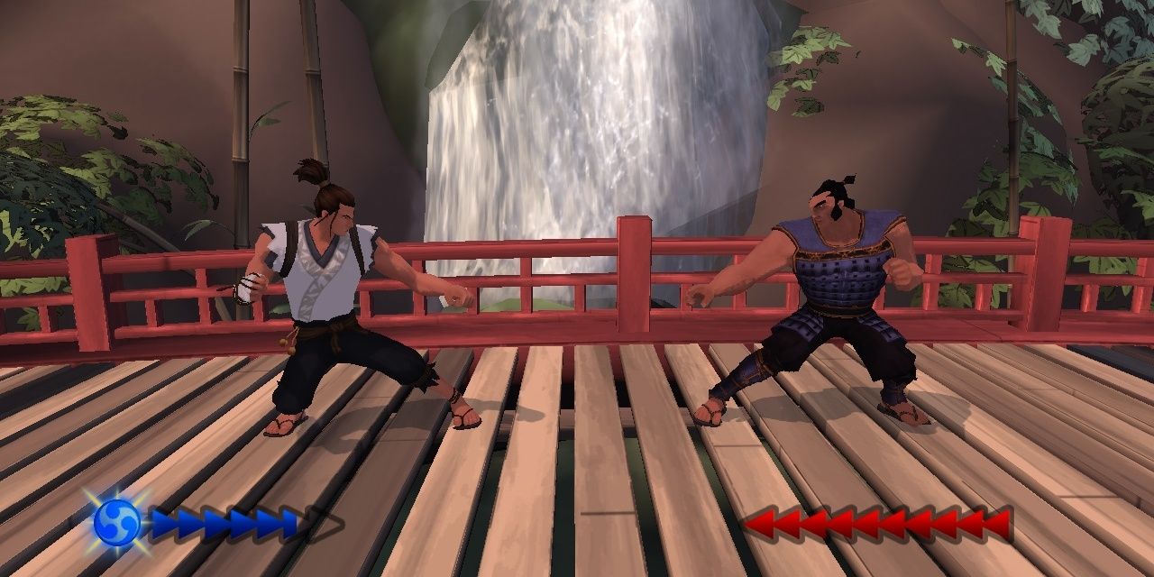 Karateka remake featuring two people fighting on a bridge