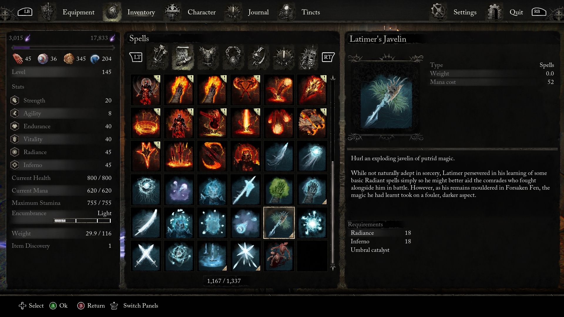 Latimer's Javelin spell description Lords of the Fallen