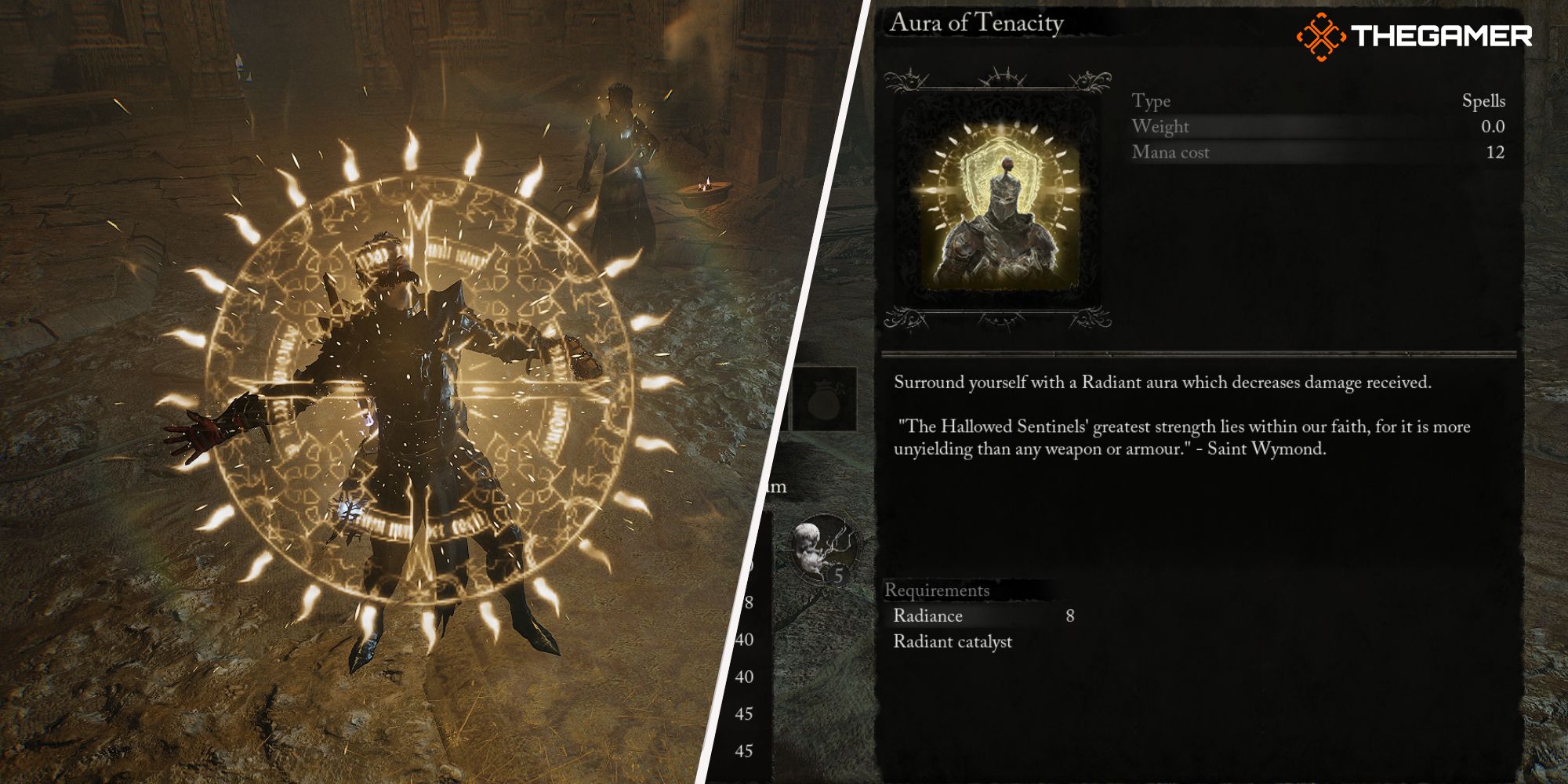 Left: Player using Aura Of Tenacity spell - Right: Aura Of Tenacity spell description Lords of the Fallen
