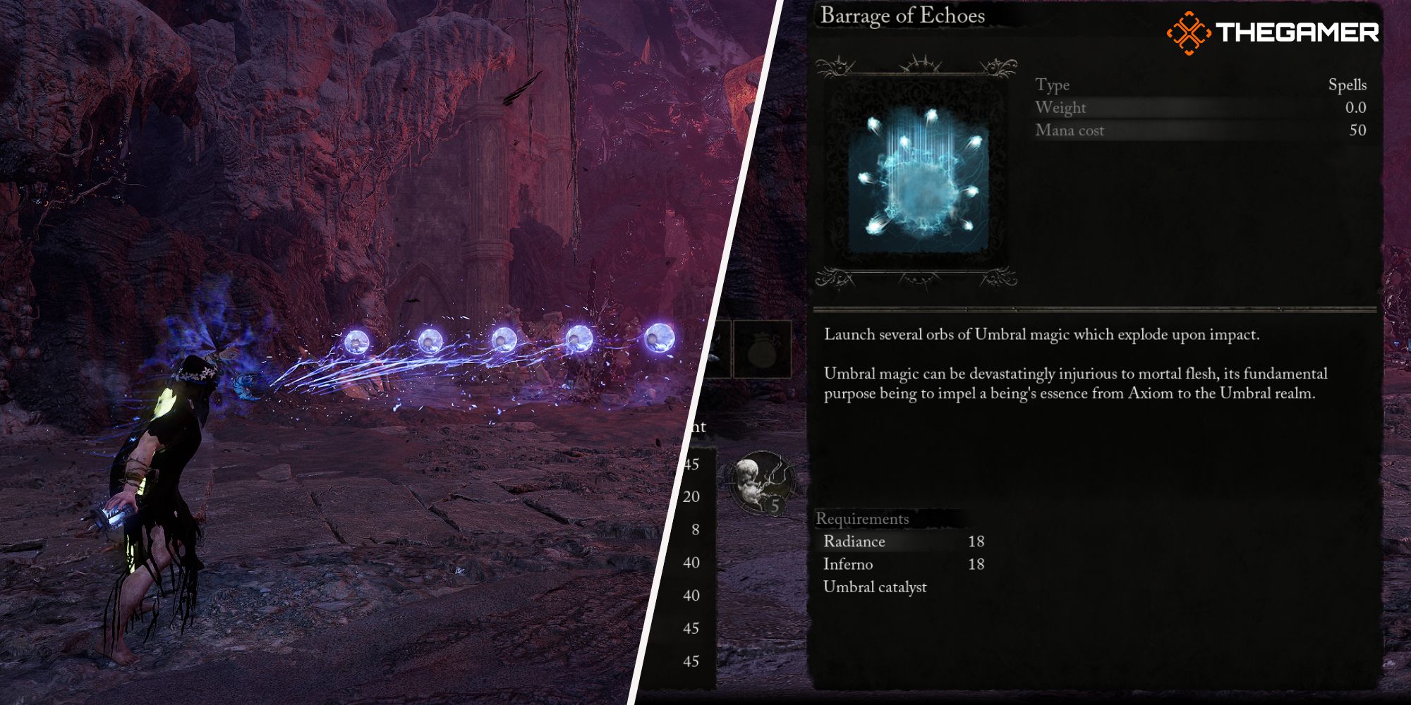 Left: Player using Barrage Of Echoes spell - Right: Barrage Of Echoes spell description Lords of the Fallen