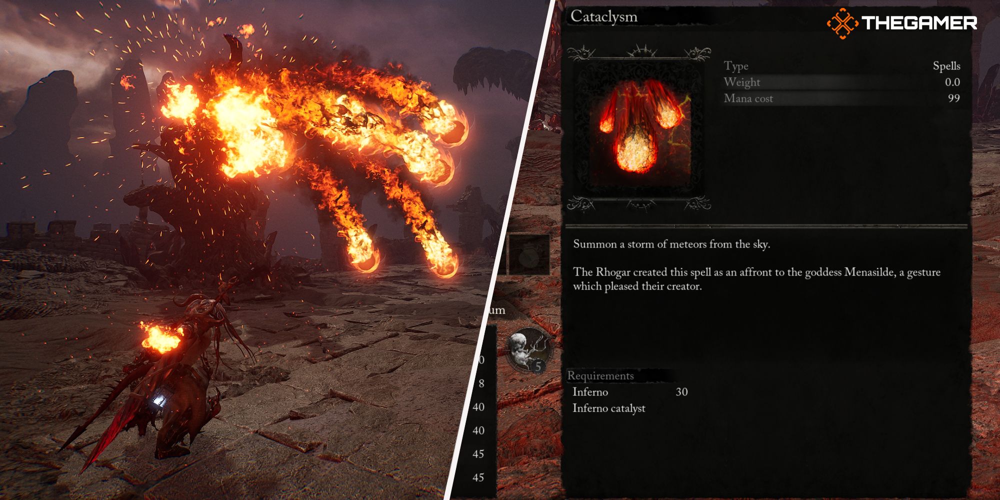 Left: Player using Cataclysm spell - Right: Cataclysm spell description Lords of the Fallen