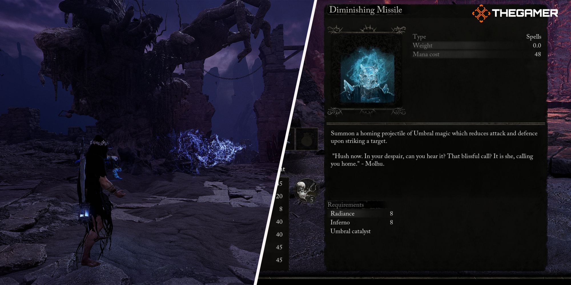 Left: Player using Diminishing Missile spell - Right: Diminishing Missile spell description Lords of the Fallen