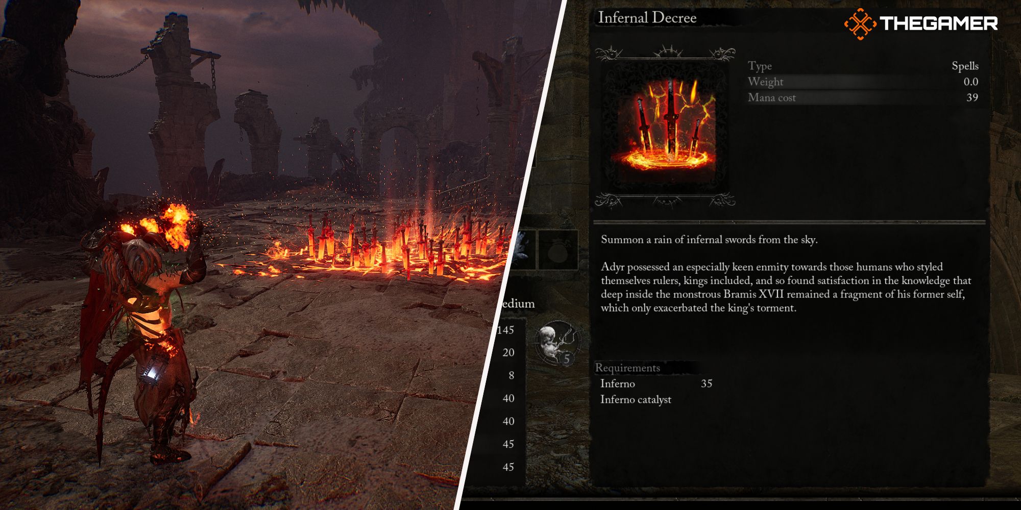 Left: Player using Infernal Decree spell - Right: Infernal Decree spell description Lords of the Fallen