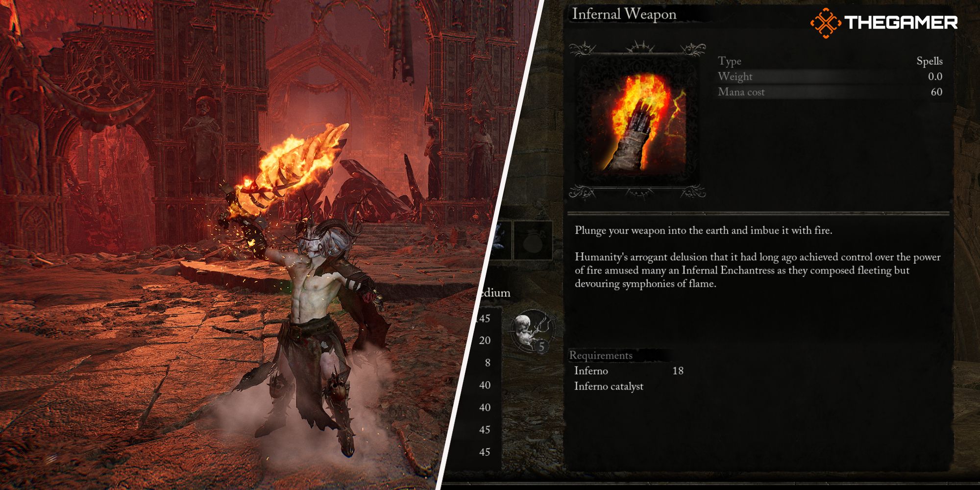 Left: Player using Infernal Weapon spell - Right: Infernal Weapon spell description Lords of the Fallen