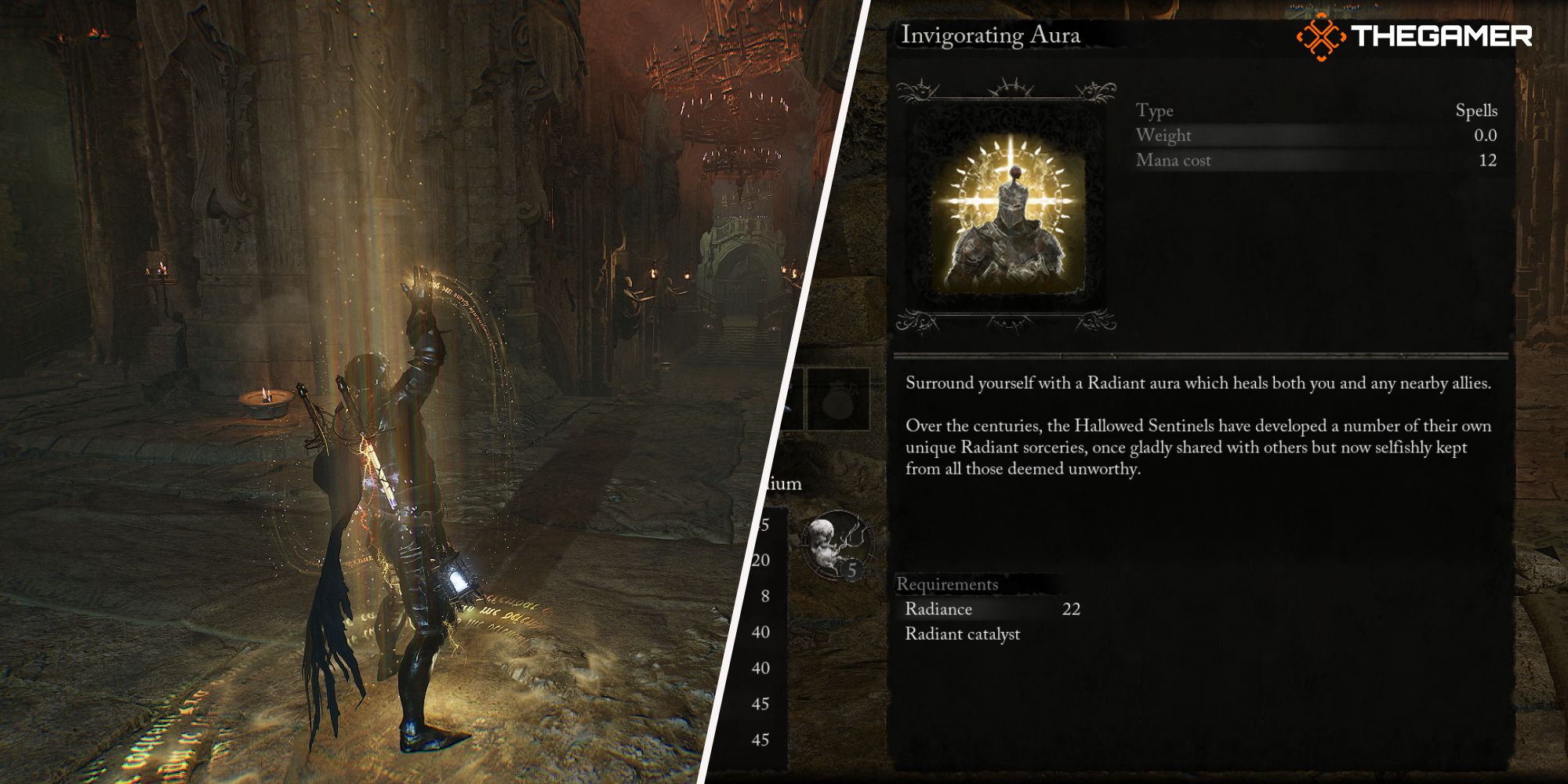 Left: Player using Invigorating Aura spell - Right: Invigorating Aura spell description Lords of the Fallen