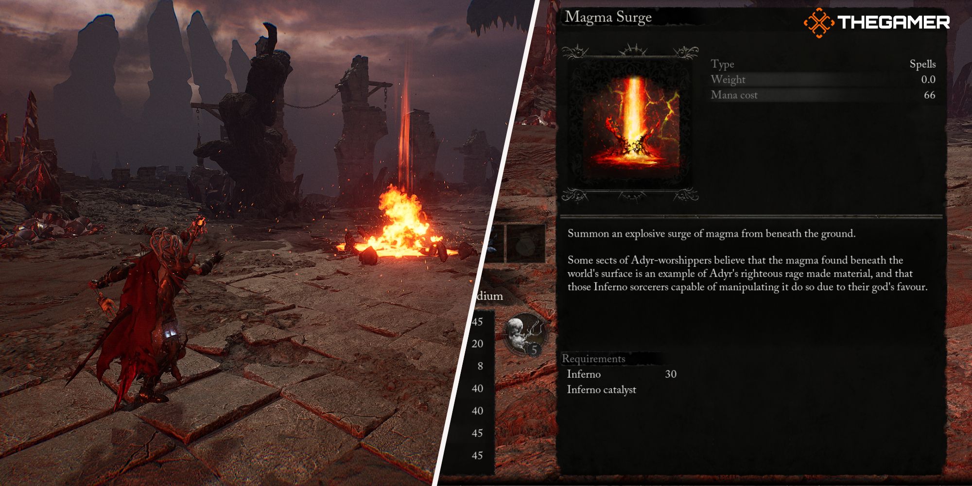 Left: Player using Magma Surge spell - Right: Magma Surge spell description Lords of the Fallen