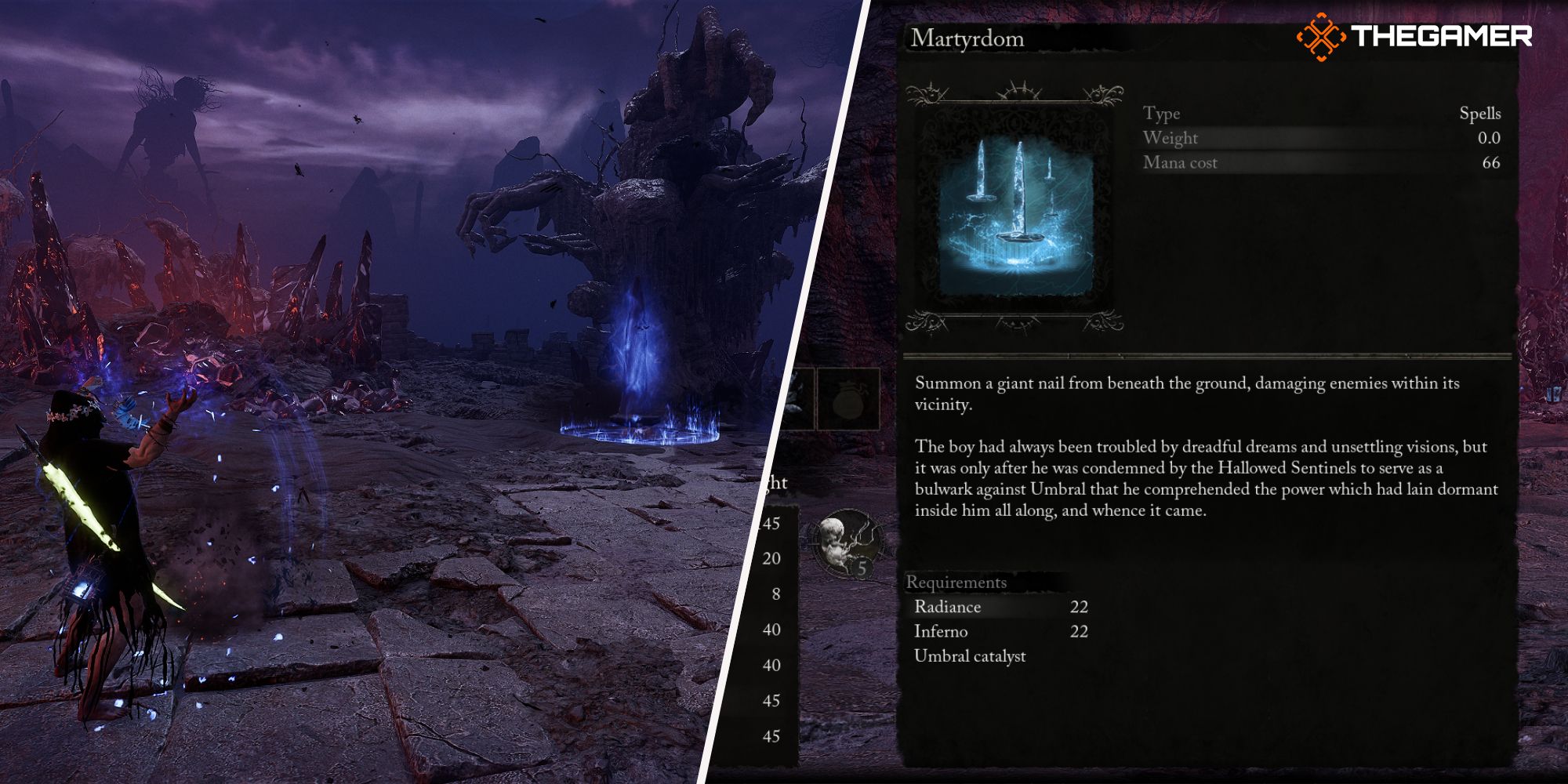Left: Player using Martyrdom spell - Right: Martyrdom spell description Lords of the Fallen