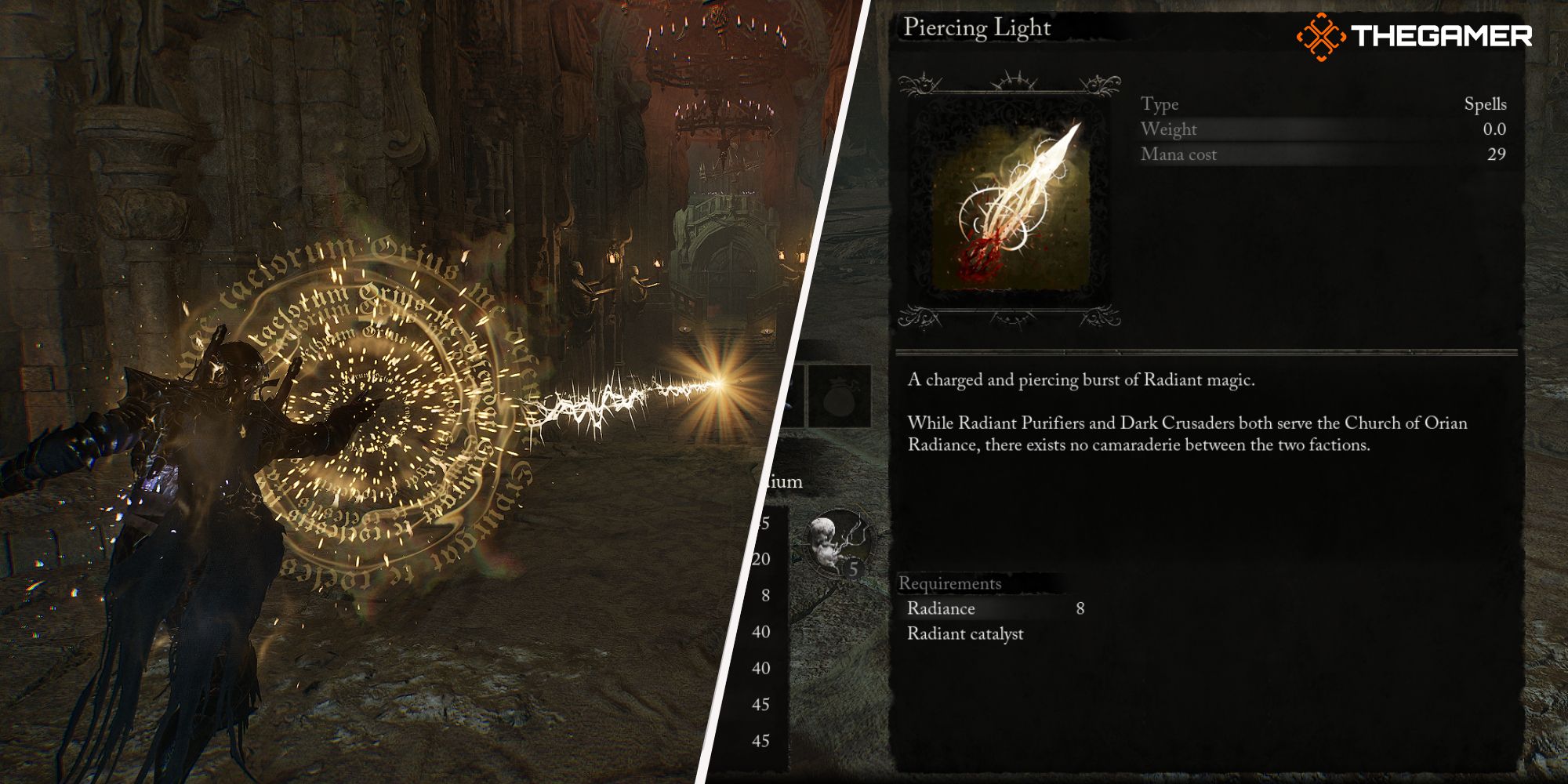 Left: Player using Piercing Light spell - Right: Piercing Light spell description Lords of the Fallen