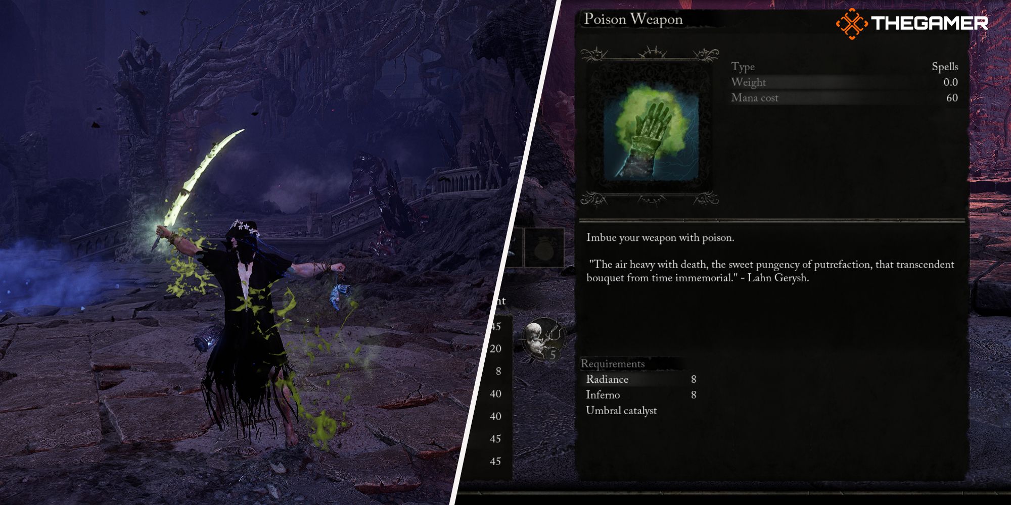 Left: Player using Poison Weapon spell - Right: Poison Weapon spell description Lords of the Fallen