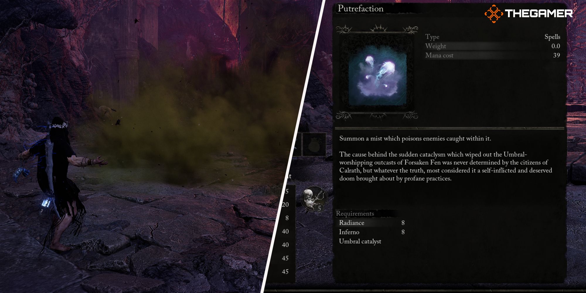 Left: Player using Putrefaction spell - Right: Putrefaction spell description Lords of the Fallen
