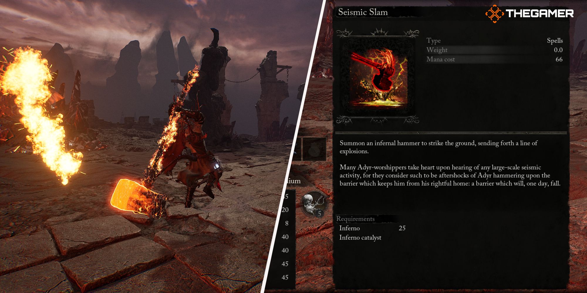 Left: Player using Seismic Slam spell - Right: Seismic Slam spell description Lords of the Fallen
