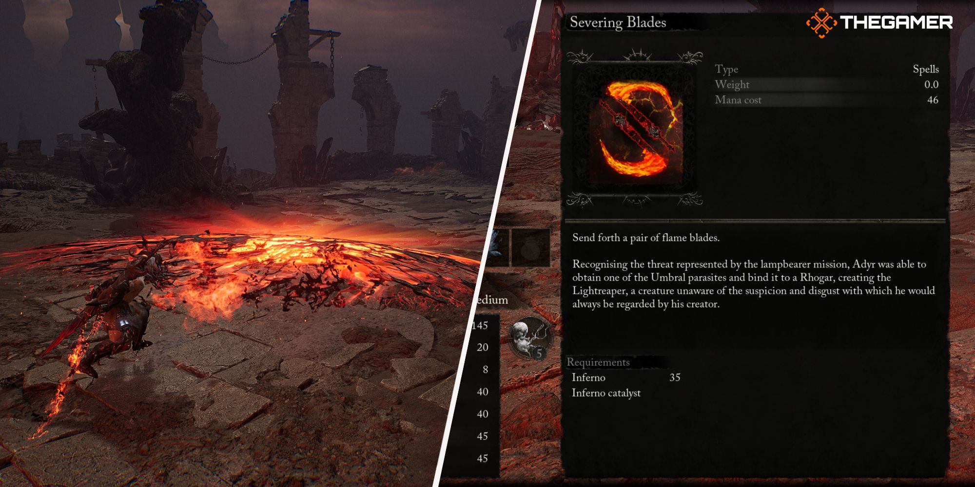 Left: Player using Severing Blades spell - Right: Severing Blades spell description Lords of the Fallen