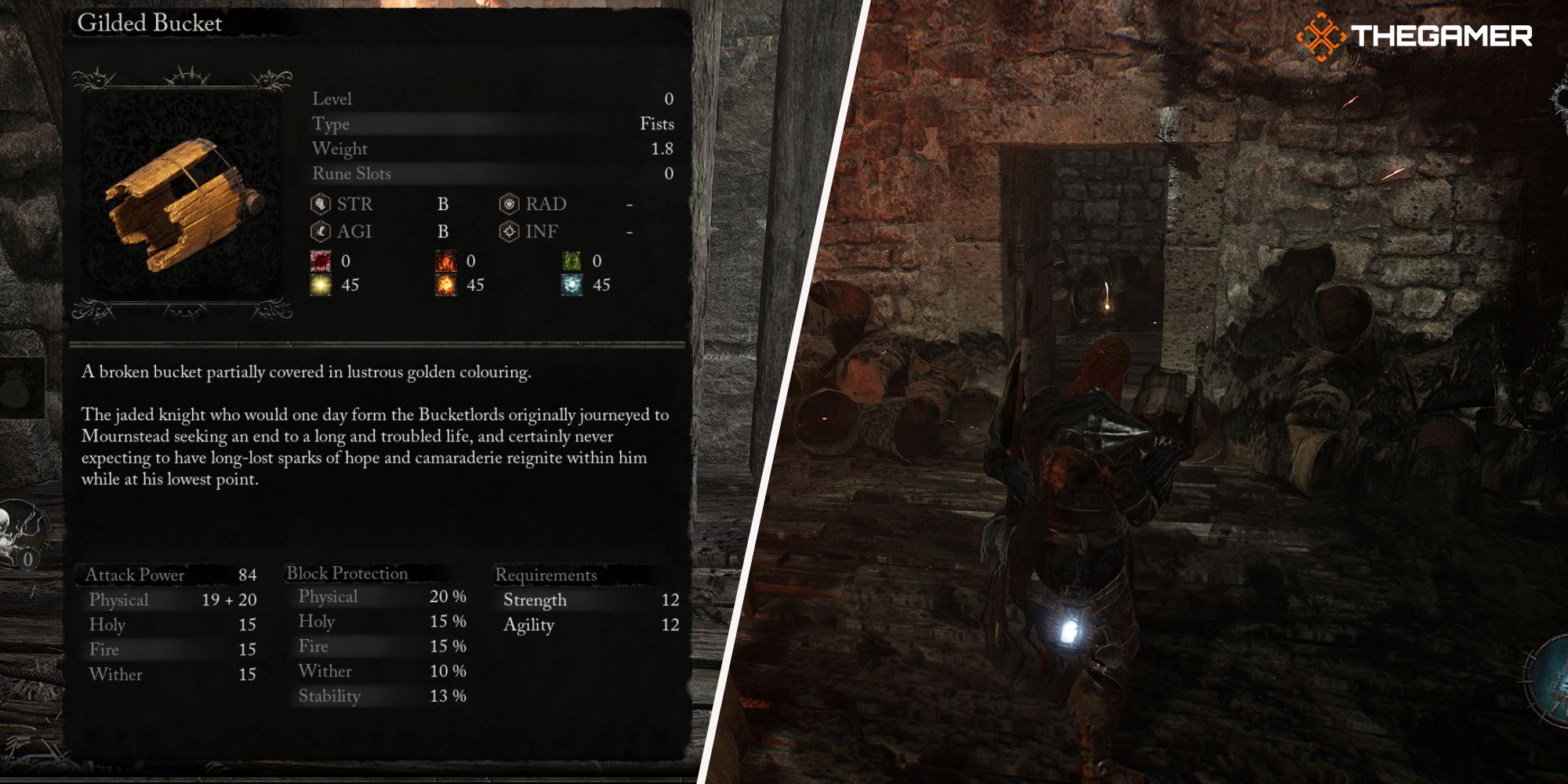 Left: Gilded Bucket weapon description - Right: Player standing outside the room where the Gilded Bucket is Lords of the Fallen