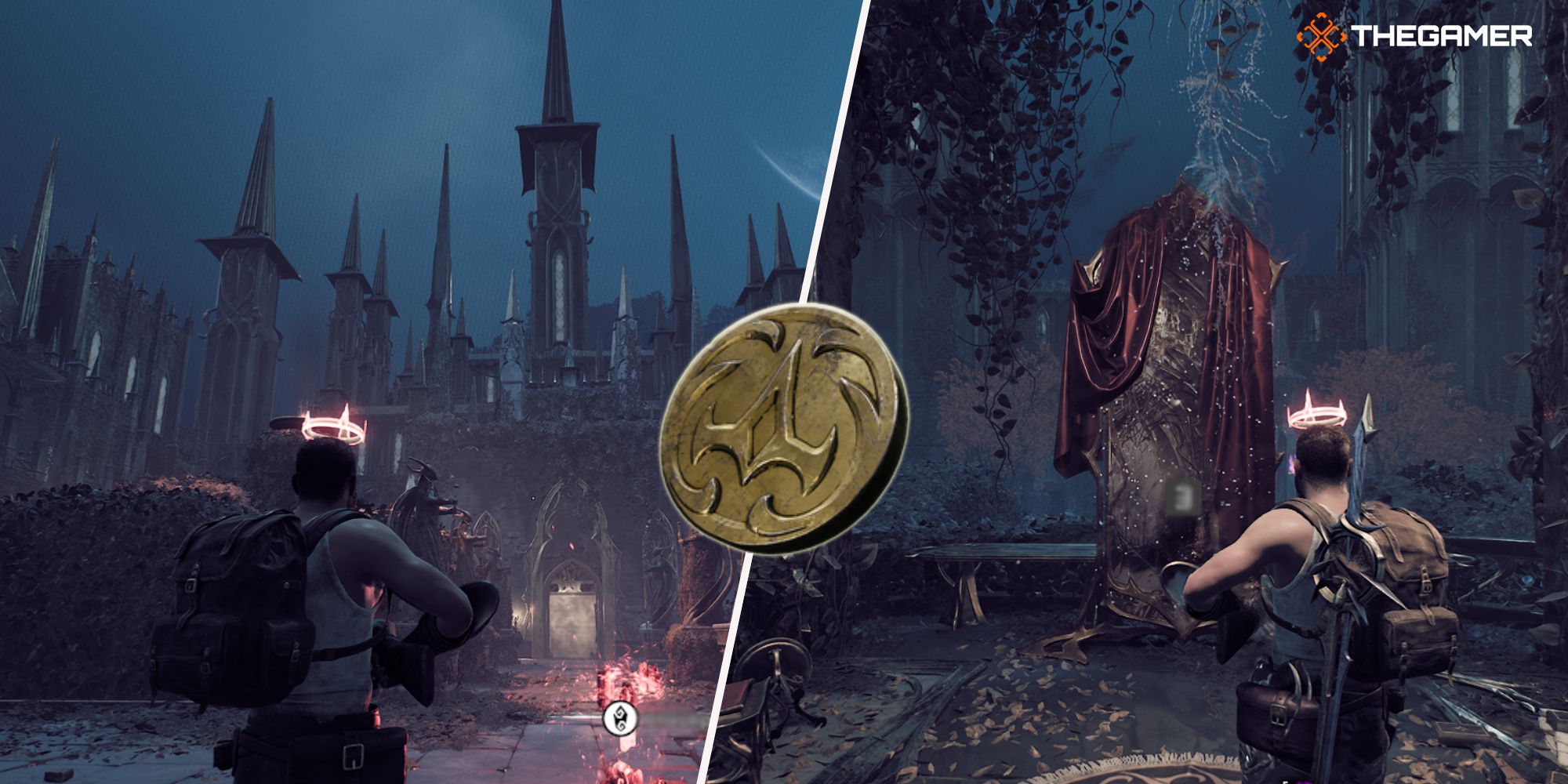 Left: Player standing in front of the locked door in the Path of the Fallen - Right: Player standing in front of a magical mirror - Middle: an icon of the Memoriam Medallion Key Remnant 2 The Awakened King