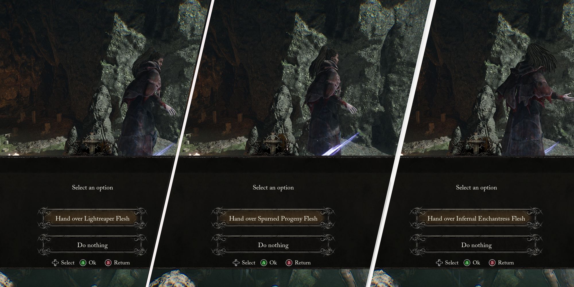 Left: Player with the option to hand over the Lightreaper Flesh - Middle: Player with the option to hand over Spurned Progeny Flesh - Right: Player with the option to hand over Infernal Enchantress Flesh, all to Damarose Lords of the Fallen