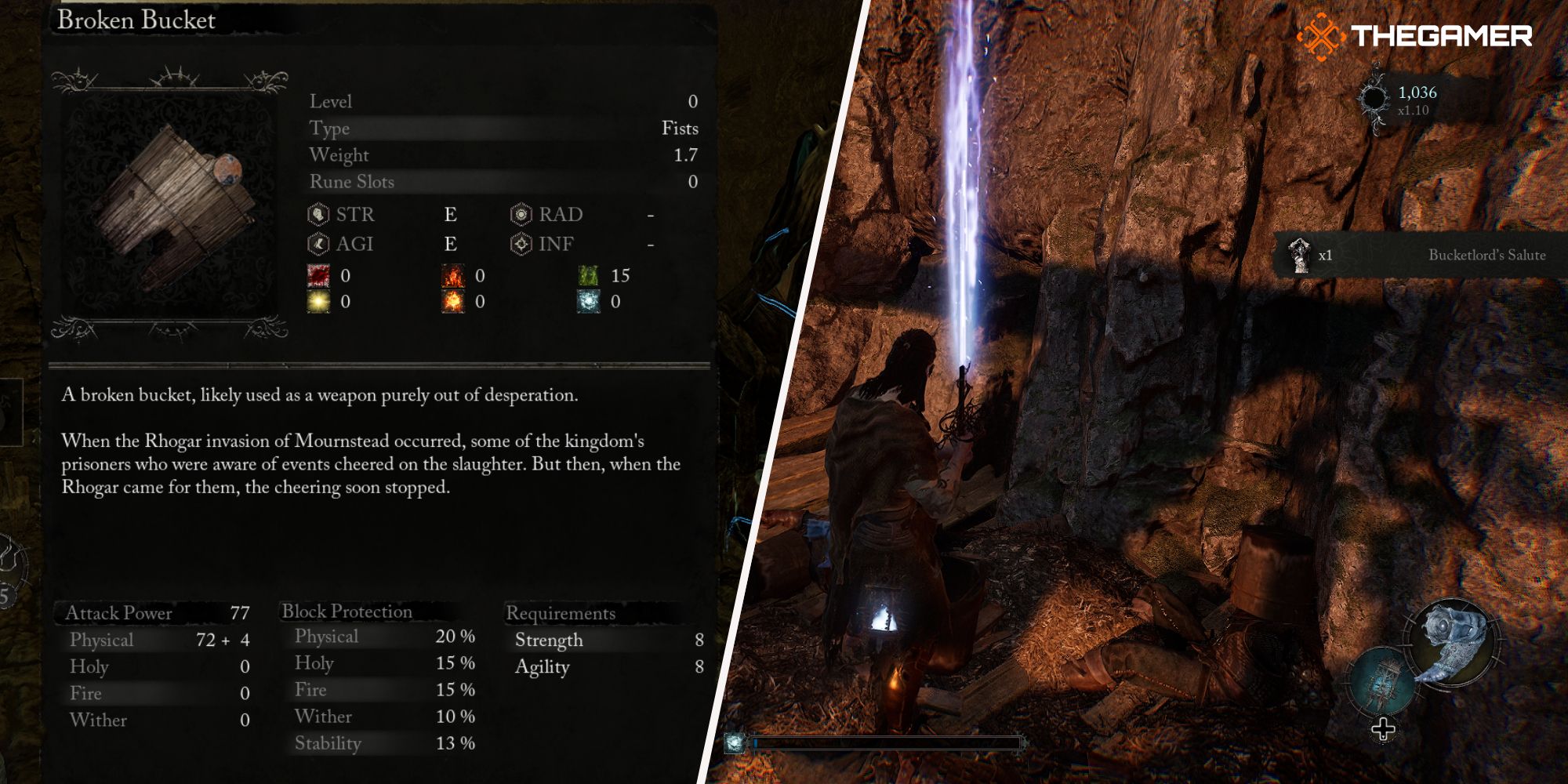 Left: the Brocken Bucket weapon description - Right: Player obtained the Bucketlord's Salute emote Lords of the Fallen