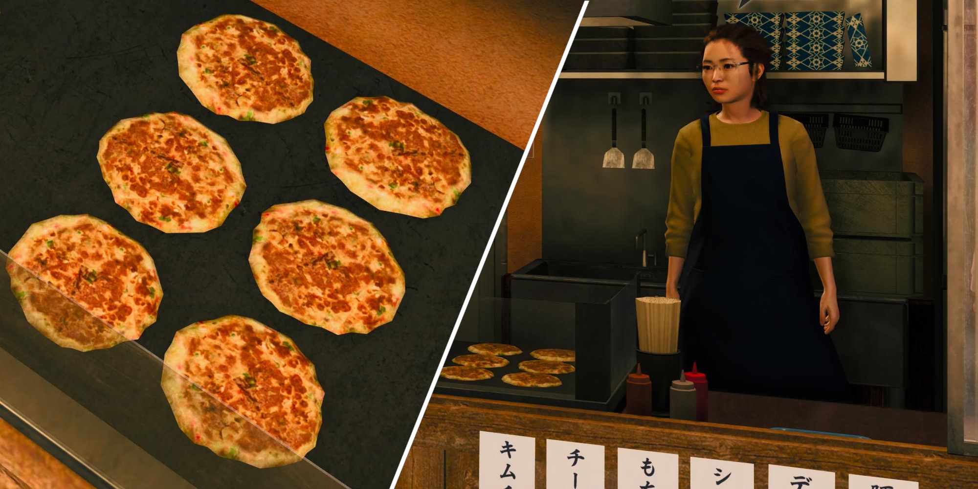 Like A Dragon Gaiden, Okonomiyaki shop with a close up on some Okonomiyaki cooking