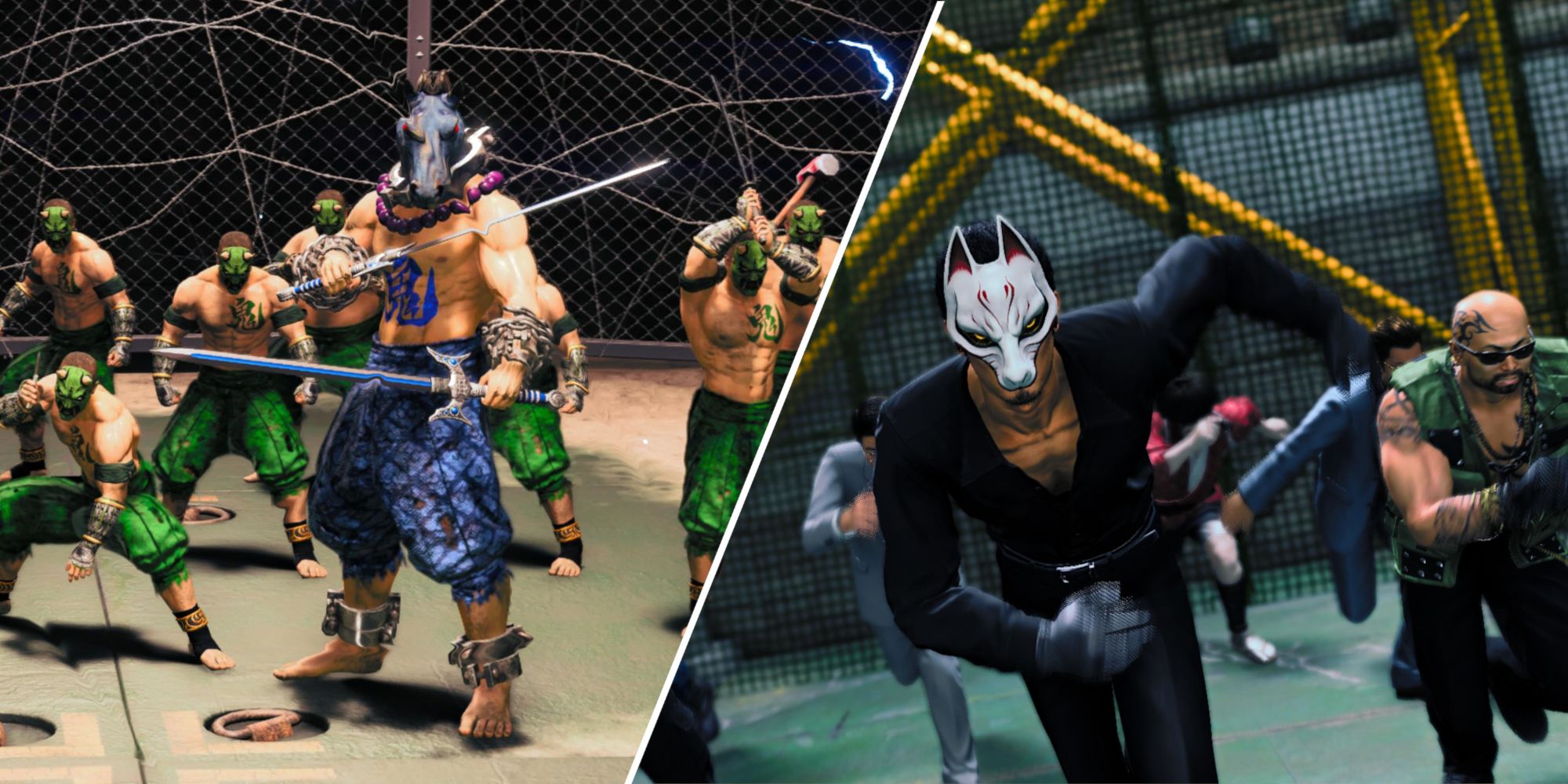 Like A Dragon Gaiden, Split Image of a Kiryu running toward the screen and a group of Coliseum fighters