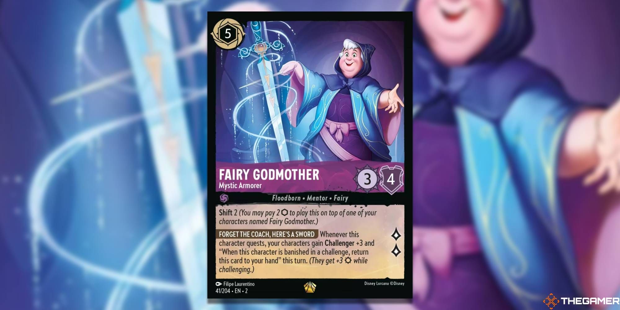 lorcana card by fairy godmother mystic armorer by filipe larentino