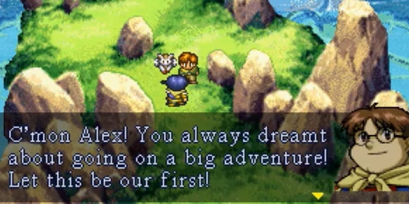 Alex talks to his friend on a cliff in Lunar: the Silver Star