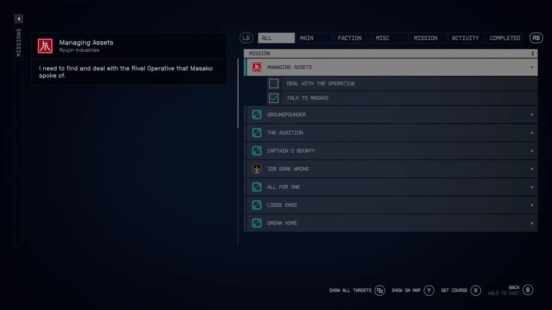 A screenshot of the Missions menu in Starfield with the Managing assets quest objectives.