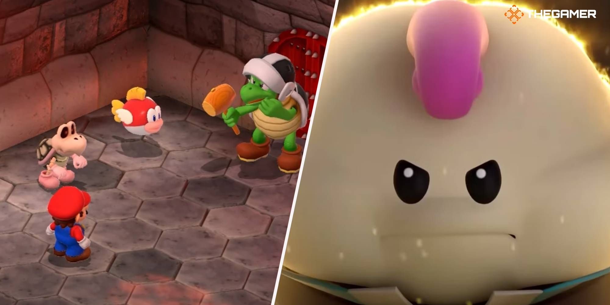 Mario attempting Dr. Topper's Quiz and Mallow in a cutscene in Super Mario RPG.