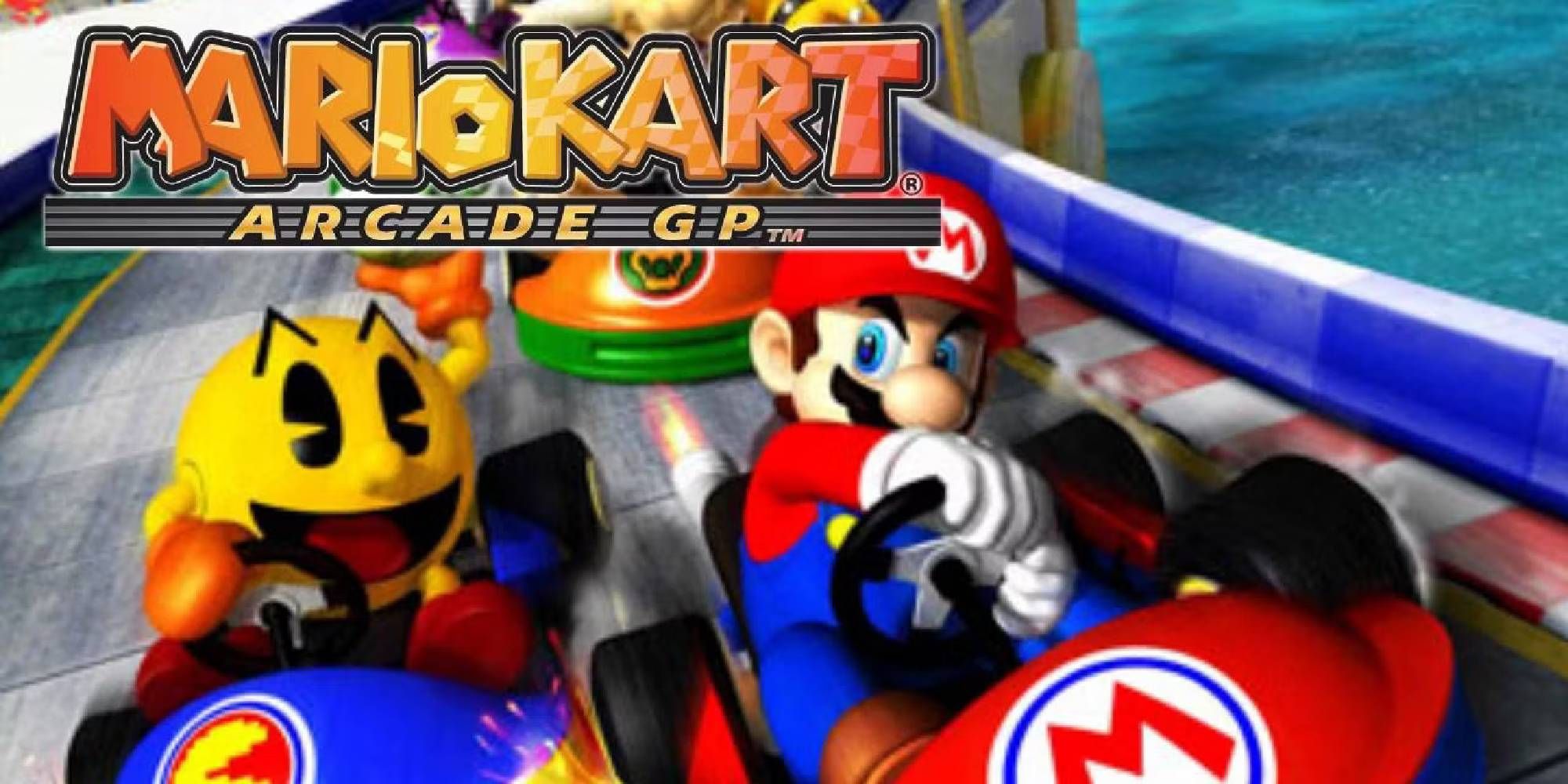 mario kart arcade gp title art with mario and pac man