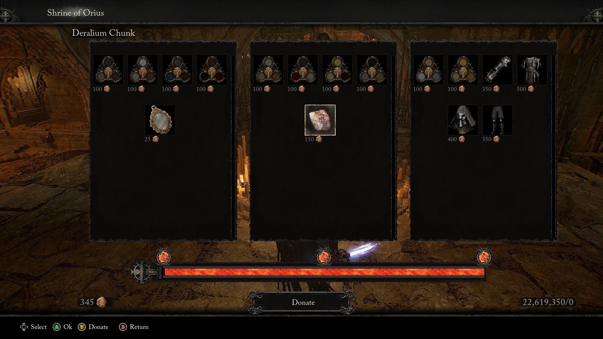 Menu of the Shrine of Orius that shows Deralium Chunk is for sell for 150 Pilfered Coins Lords of the Fallen