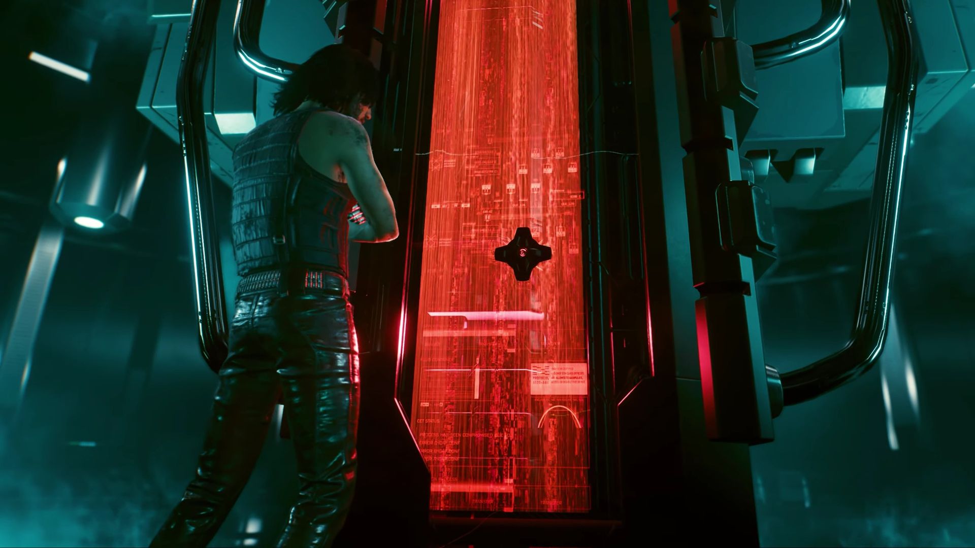 Johnny Silverhand standing next to the Mikoshi Access Point in Cyberpunk 2077 secret ending 