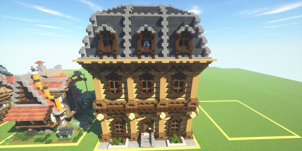 A Minecraft house with a Mansard roof