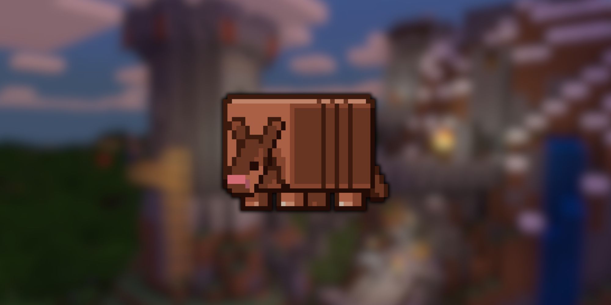 A brown, pixelated, 2D armadillo with a pink nose overlayed over a blurred background.