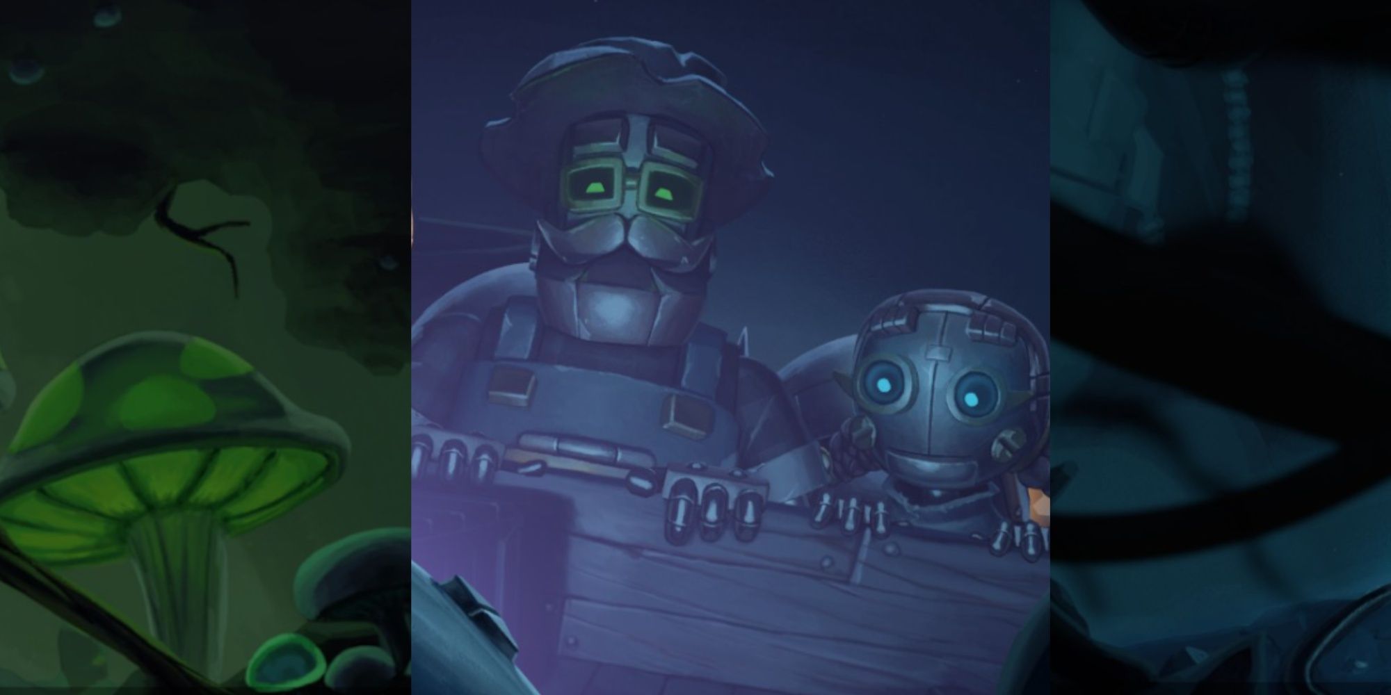Split image featuring drawn cutscene art of Marshy Ruins, Jack and Astrid Clutchsprocket looking into their wagon, and drawn cutscene art of Crackling Depths in Steamworld Build.