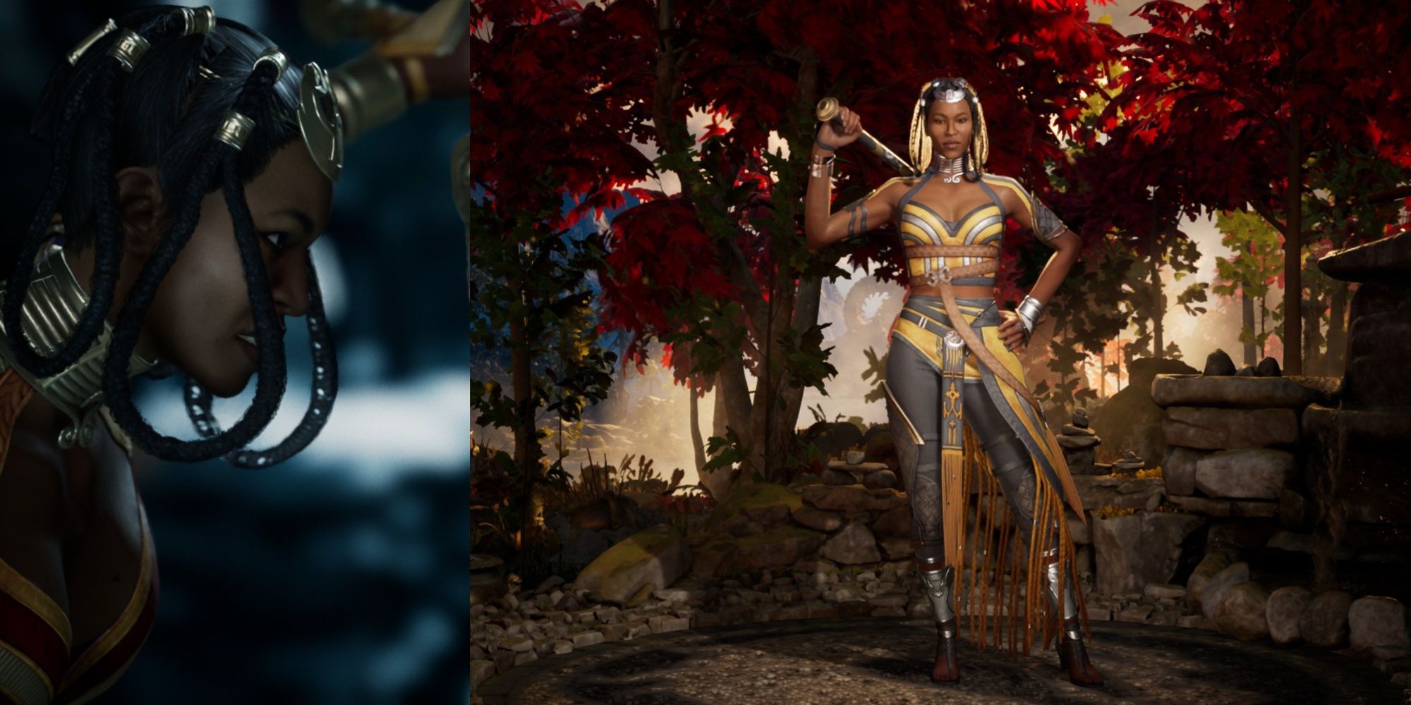 A collage of Tanya clashing with an opponent and her standing in a forest in Mortal Kombat 1.
