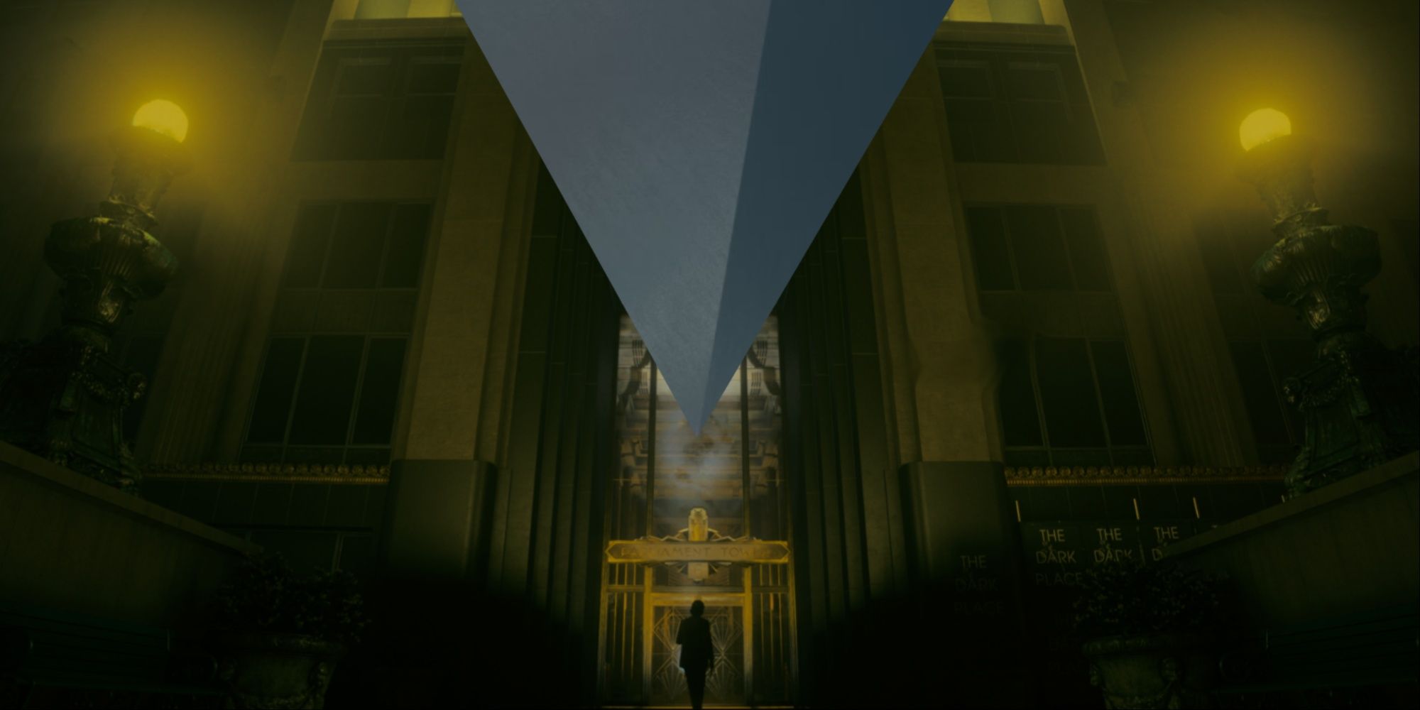 Alan Wake preparing to enter the lobby of Parliament Tower in the distance as the Inverted Black Pyramid from Control is partially covering the building by hanging from the top.