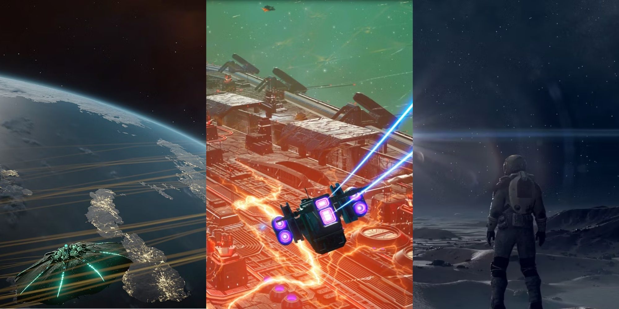 A planet and space station in Elite Dangerous, a spaceship flying in No Man's Sky, and an astronaut on a barren planet in Starfield, left to right