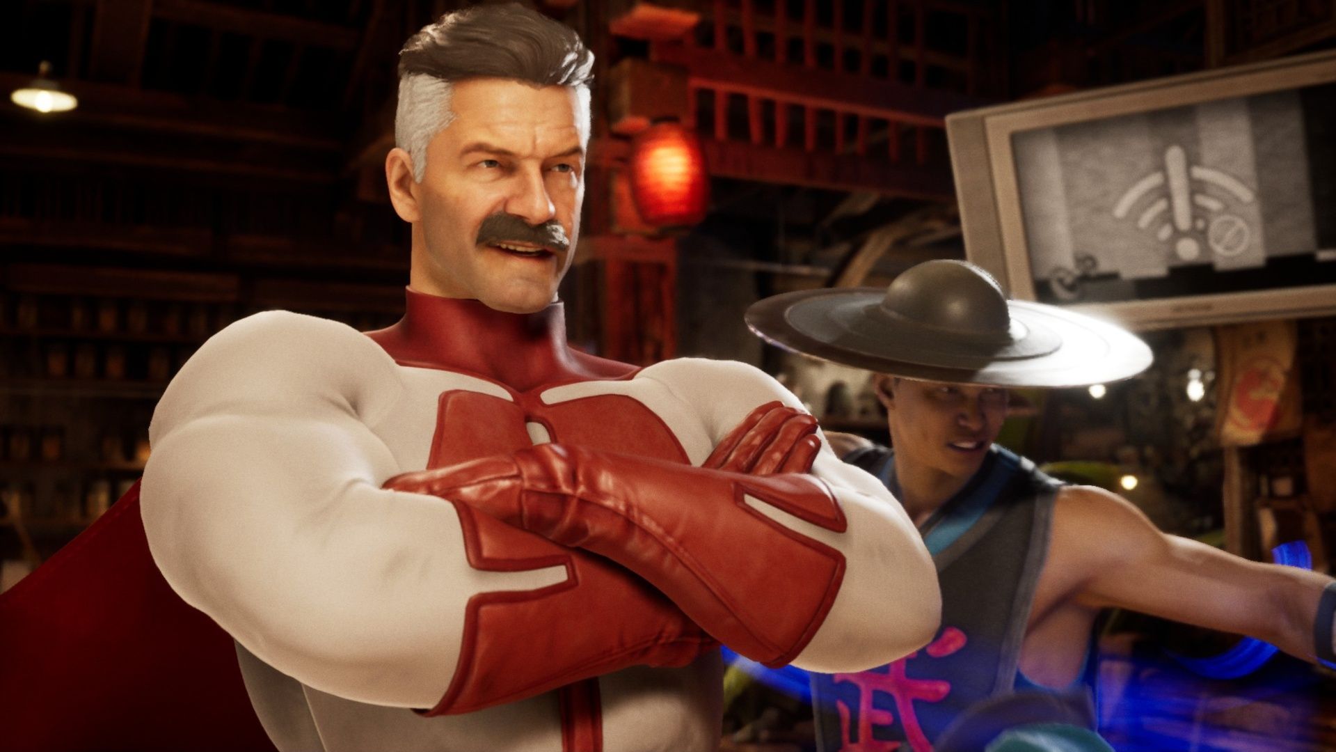 Omni-Man standing with his arms crossed, acting confident before a fight in Mortal Kombat 1.