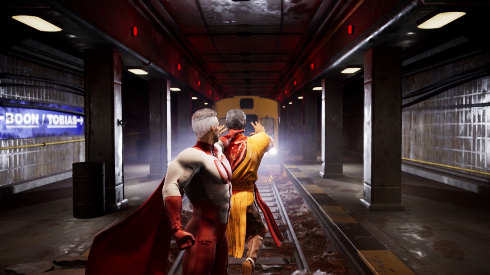 Omni-Man holding Scorpion toward a train to use his First Fatality in Mortal Kombat 1.