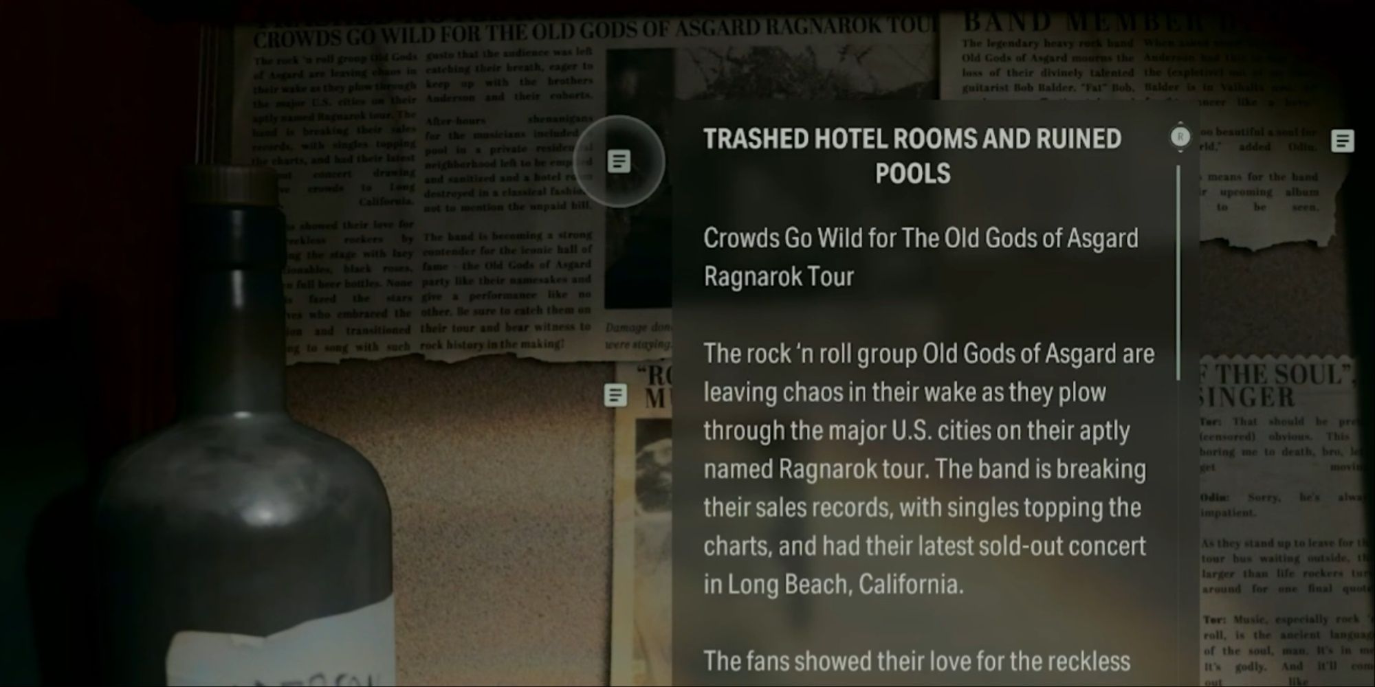 Close-up of a transcript of a newspaper clipping detailing the wild times of the Old Gods of Asgard's Raganrok tour.