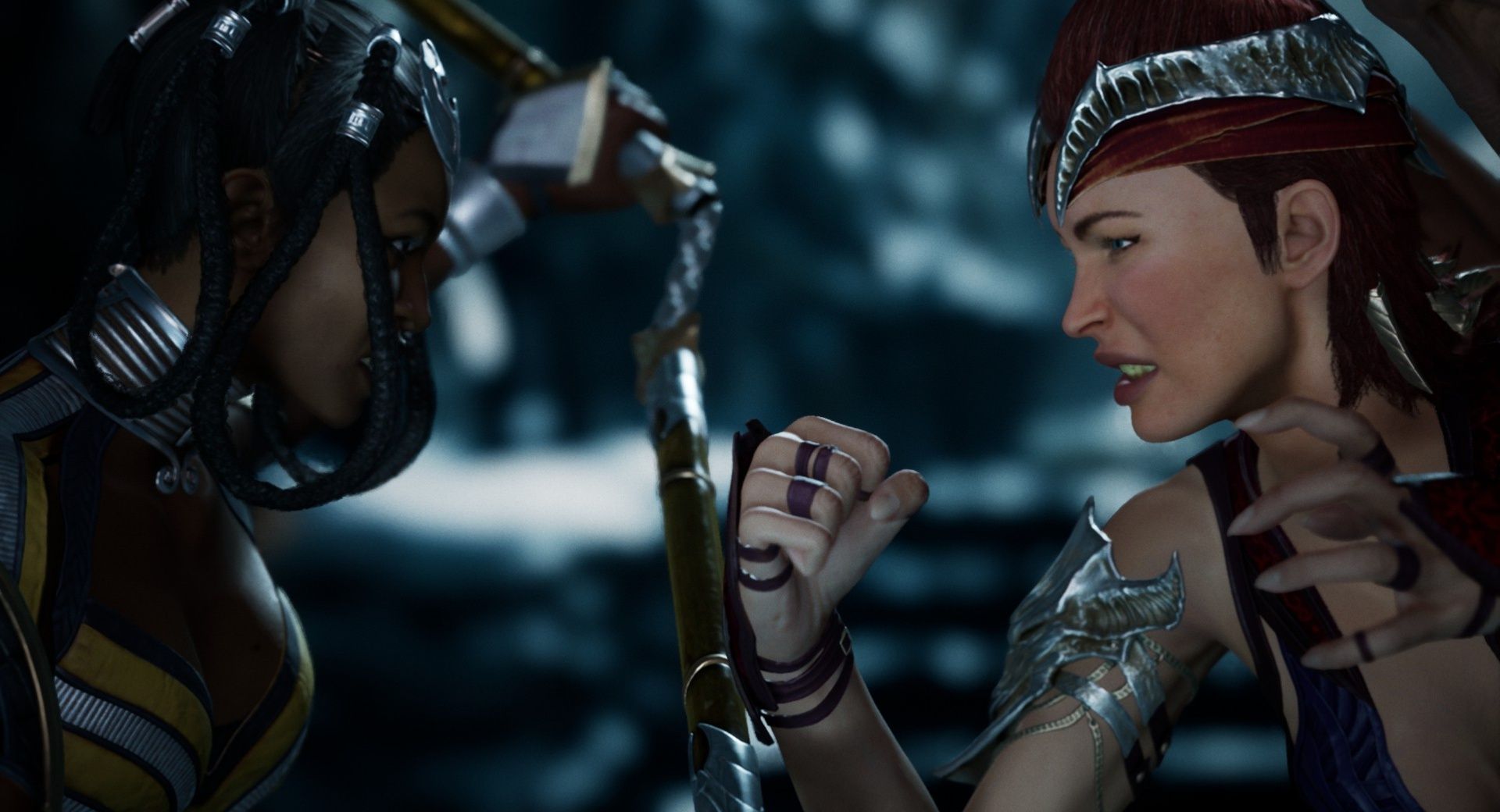 Tanya and Nitara clashing as they prepare to fight each other in Mortal Kombat 1.
