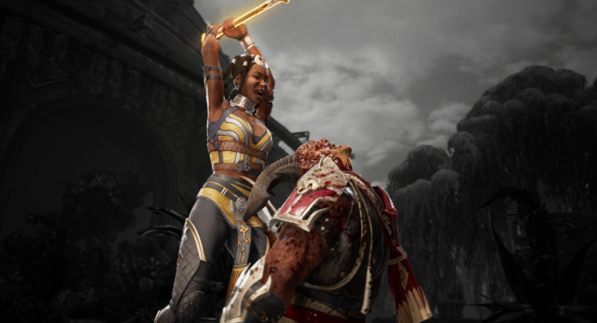Tanya using her first Fatality on General Shao in Mortal Kombat 1.