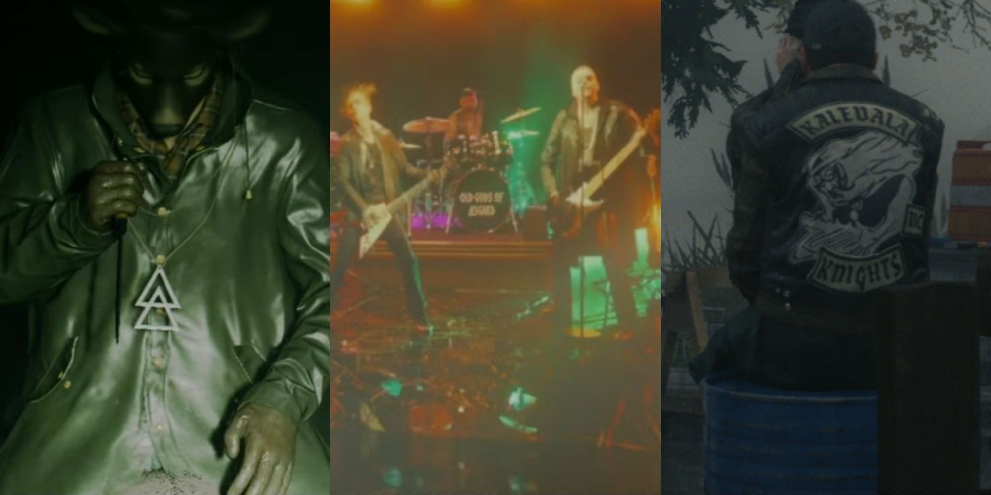 Three-image collage of a Cult of the Tree member performing a sacrifice, a live-action performance by the Old Gods of Asgard, and Ilmo's Kalevala jacket.