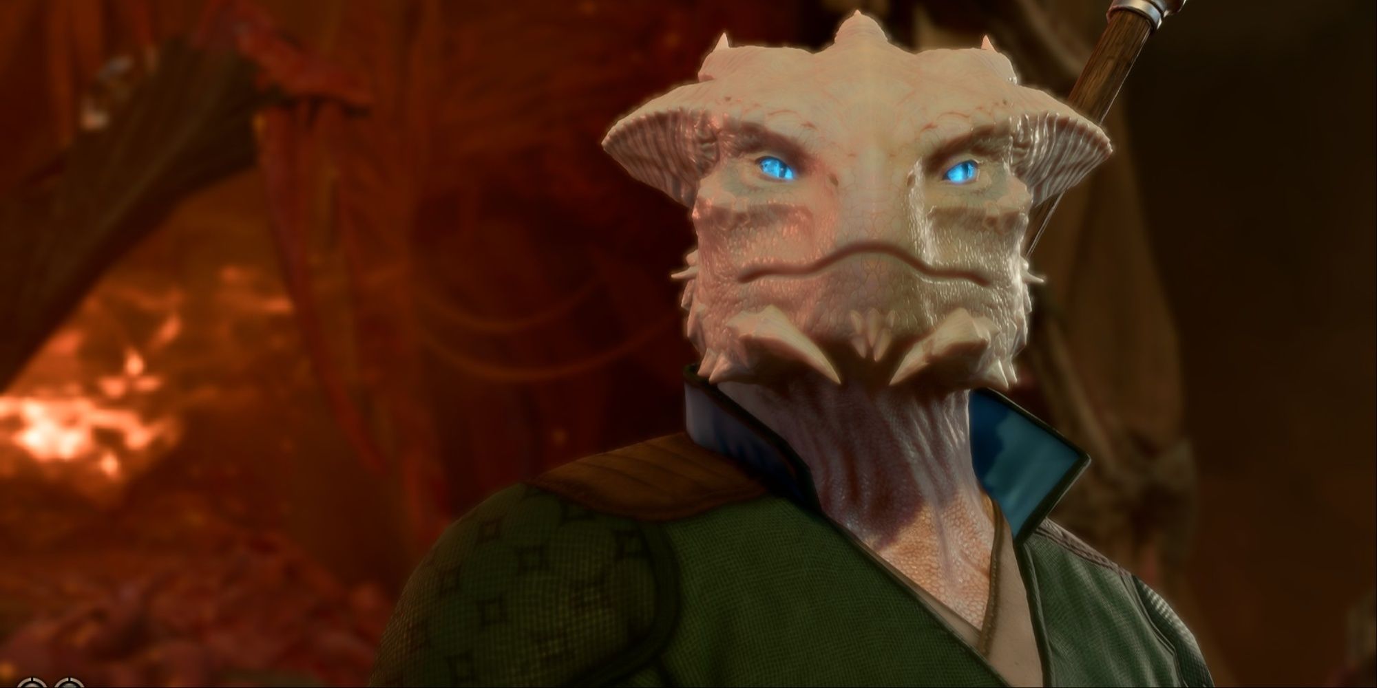 Abjuration Wizard White Dragonborn stands on fiery nautiloid before Lae'zel attacks in Baldur's Gate 3.