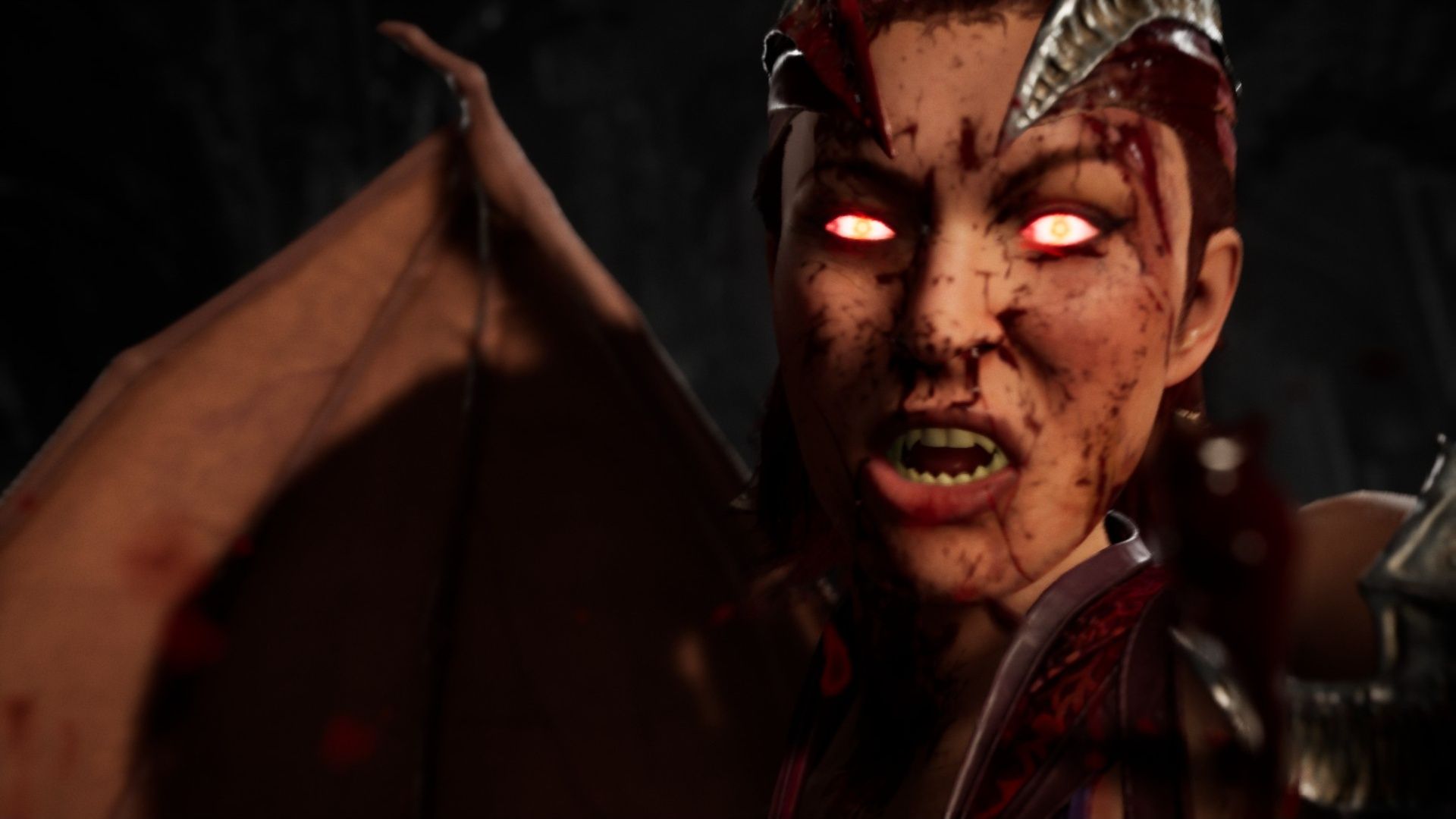 Nitara with blood on her face after defeating a foe in Mortal Kombat 1.