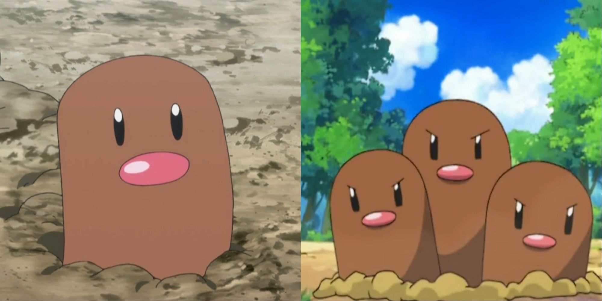 Image Left - A Diglett Pokemon Image Right - A Dugtrio Pokemon